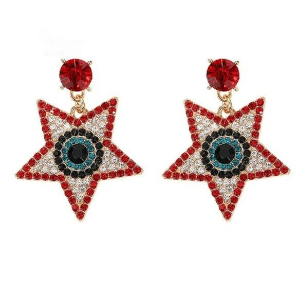 Gold Red Crystal Evil Eye Protection Symbol Star Dangle Women's Earrings 