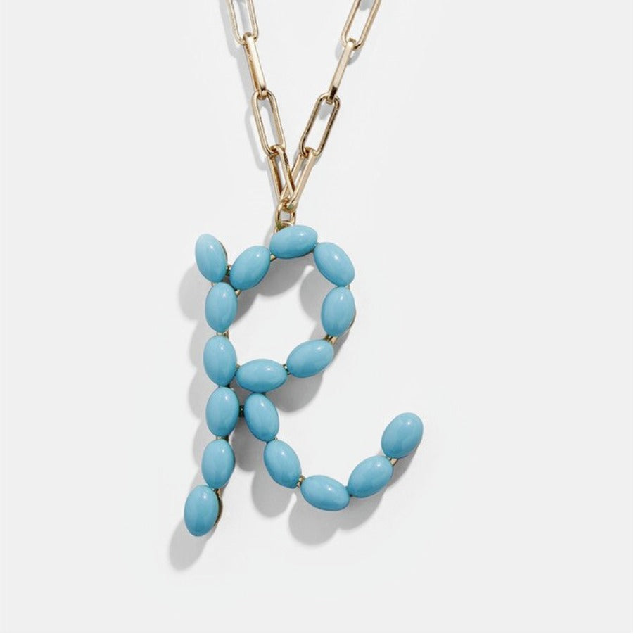 Blue Bead Paper Clip Chain Initial Letter "P" Name Necklace
