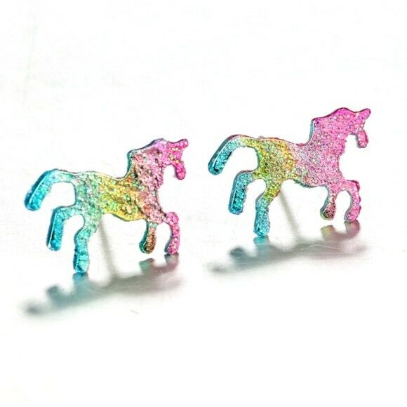 Multi-Color Unicorn Small Women's Stud Earrings Horse Animal Glitter Magic Child