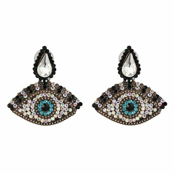 Evil Eye Symbol Rhinestone Blue Black Boho Gypsy Drop Pear Women's Earrings