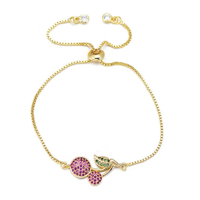 Cute Yellow Gold Pink Cherry Fruit Boho Cubic Zirconia Adjustable Bracelet