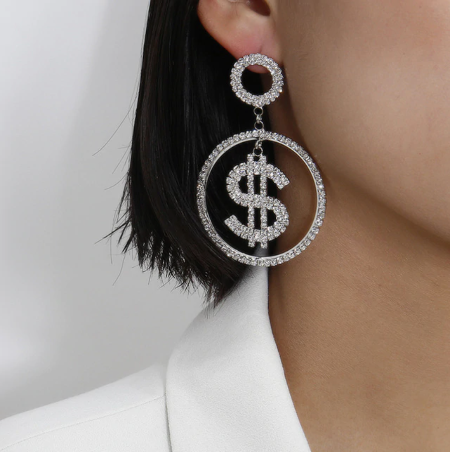 Large Silver Rhinestone Round Hoop Dollar Sign Women's Earrings Fun Party Chic