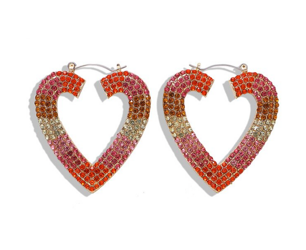 Ombre Crystal Heart Red Yellow Large Hoop Earrings