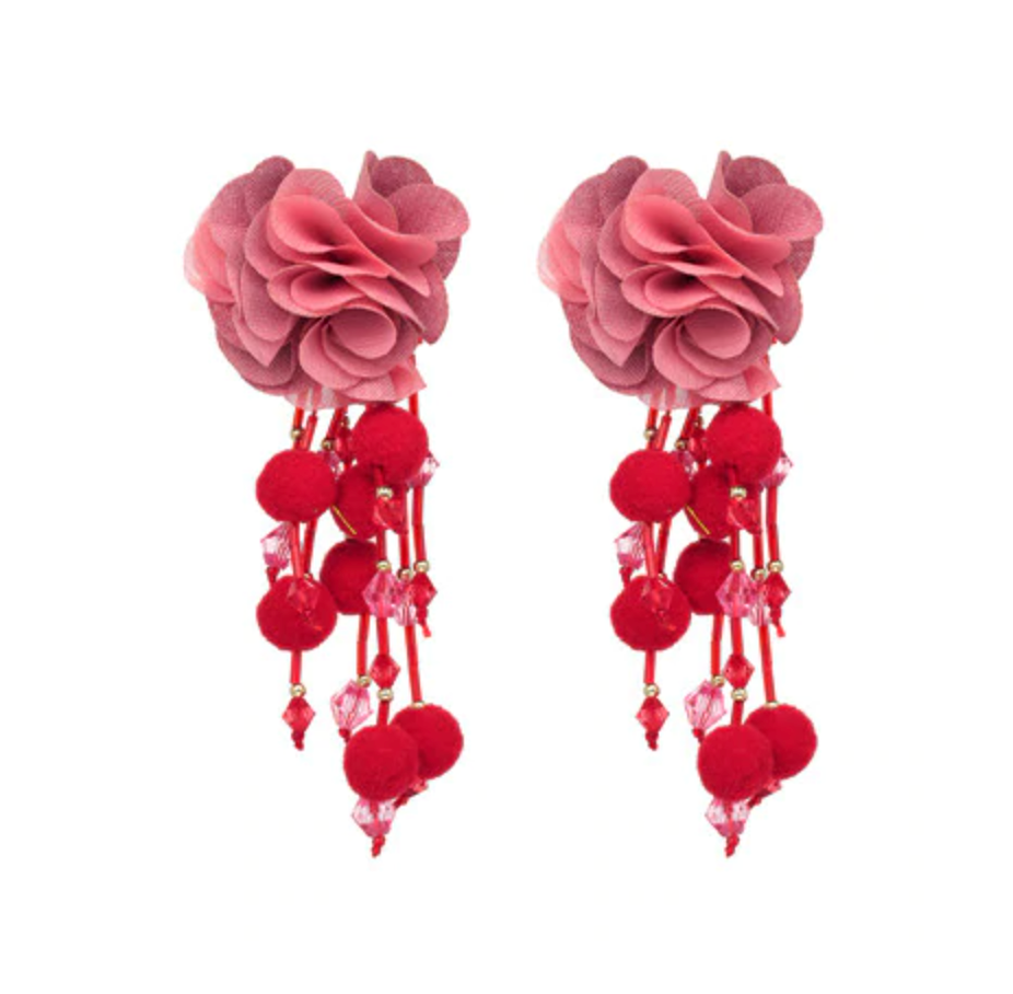 Pink Red Pom Pom Large Flower Drop Women's Statement Earrings Nature Party Chic