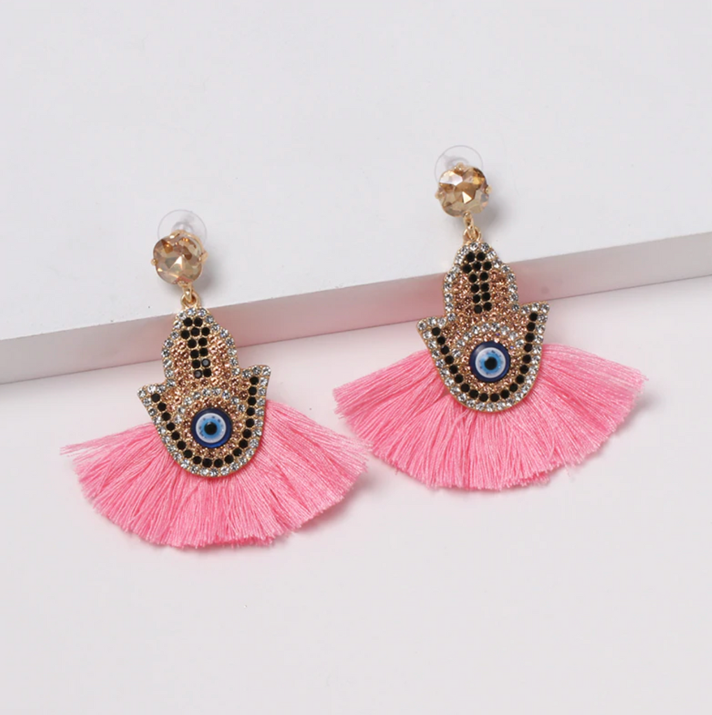 Pink Gold Evil Eye Crystal Hamsa Tassel Drop Statement Earrings Party Night Out