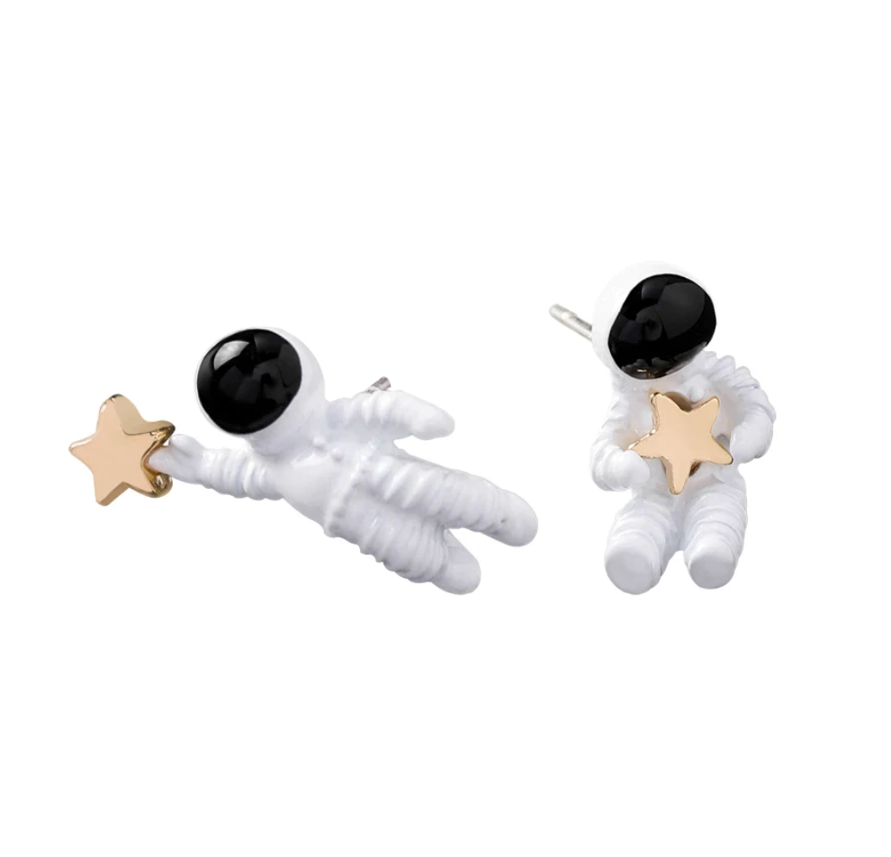 White Black Star Astronaut Space Cute Stud Women's Earrings NASA Space Gift