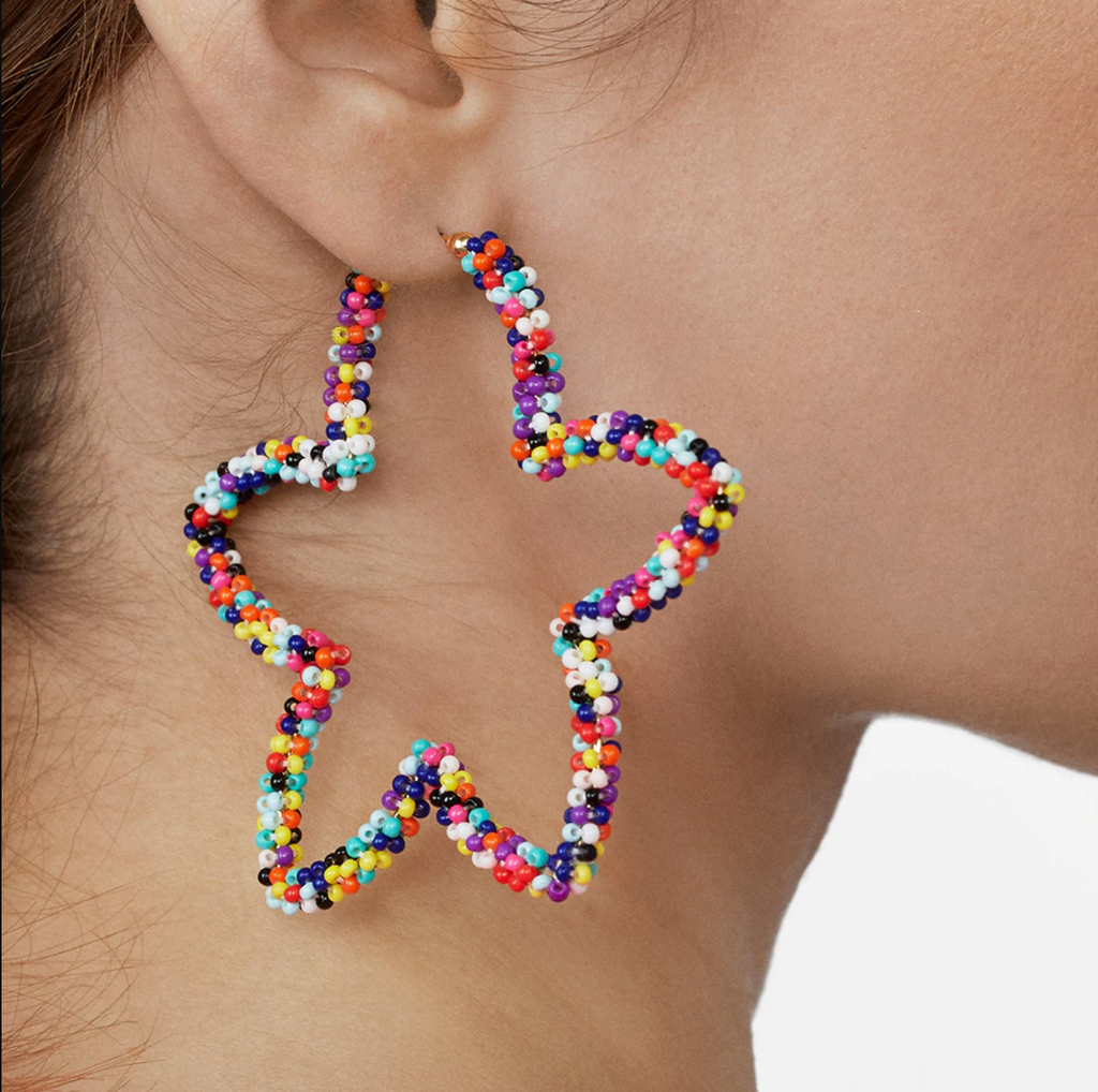 Multi-Color Beaded Large Star Shaped Dangle Hoop Women's Earrings Blogger Boho