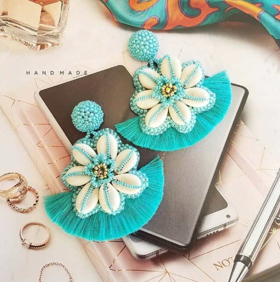 Turquoise Seashell Flower Beaded Glitter Drop Tassel Statement Earrings Summer