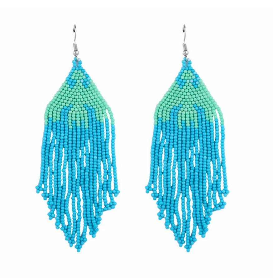 Blue Green Beaded Boho Tribal Gypsy Drop Long Tassel Statement Earrings Trendy