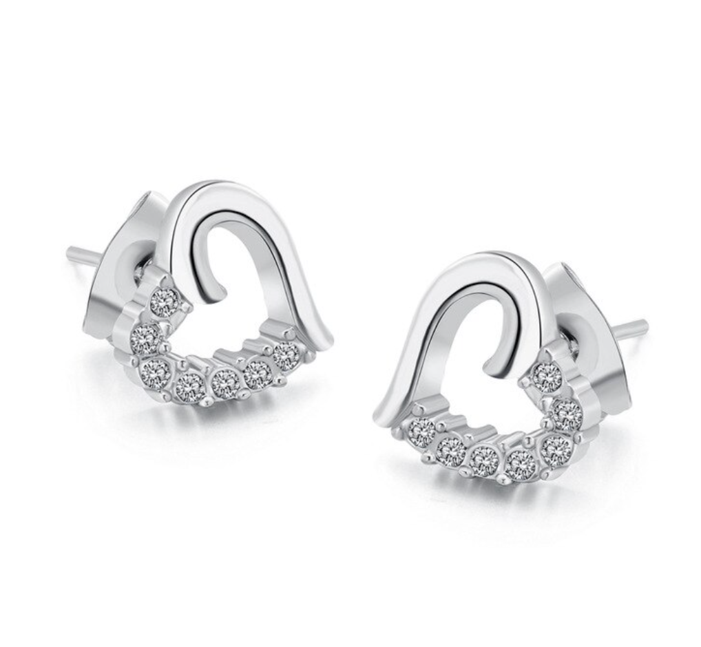 Silver Tone Dainty Heart Cubic Zirconia Stud Earrings