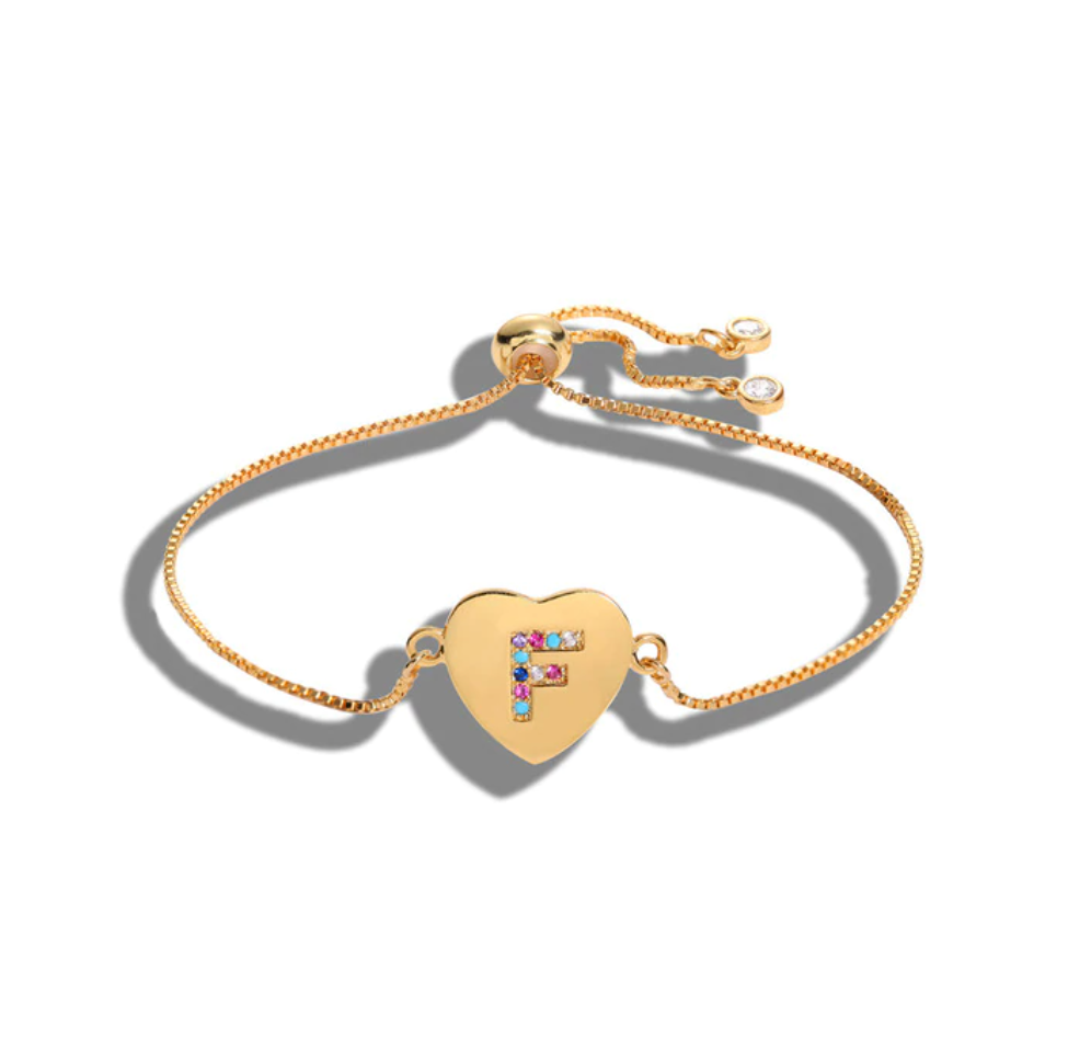 Heart Shaped Letter "F" Multi-Color Cubic Zirconia Yellow Gold Initial Bracelet