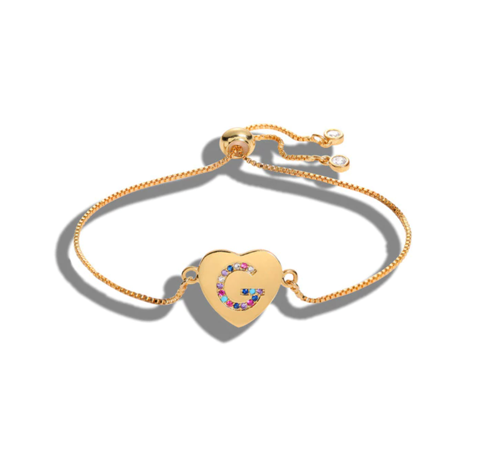 Heart Shaped Letter "G" Multi-Color Cubic Zirconia Yellow Gold Initial Bracelet