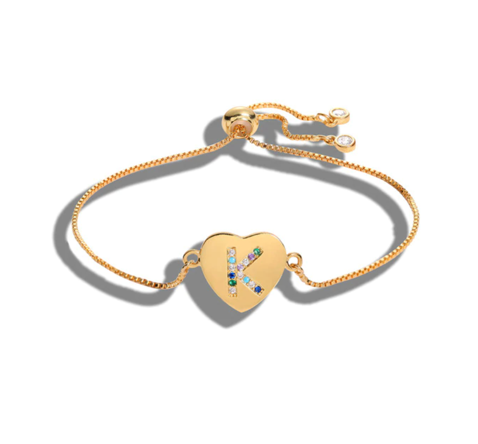 Heart Shaped Letter "K" Multi-Color Cubic Zirconia Yellow Gold Initial Bracelet