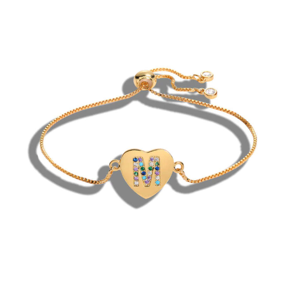 Heart Shaped Letter "M" Multi-Color Cubic Zirconia Yellow Gold Initial Bracelet