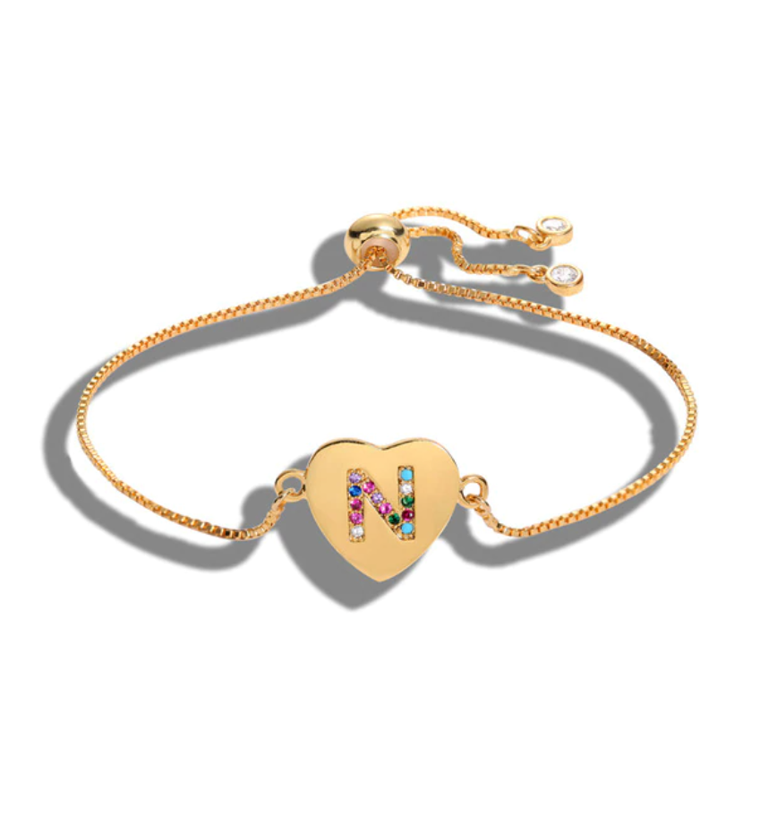 Heart Shaped Letter "N" Multi-Color Cubic Zirconia Yellow Gold Initial Bracelet