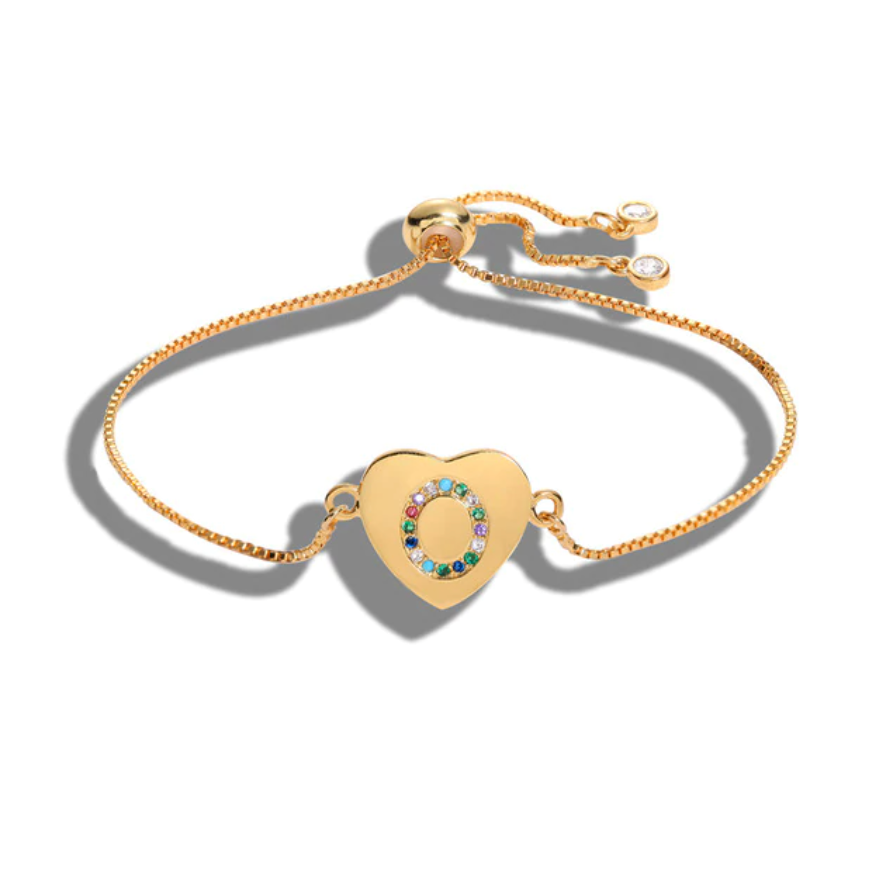 Heart Shaped Letter "O" Multi-Color Cubic Zirconia Yellow Gold Initial Bracelet
