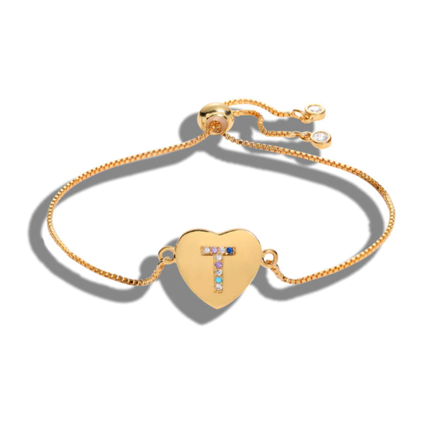Heart Shaped Letter "T" Multi-Color Cubic Zirconia Yellow Gold Initial Bracelet