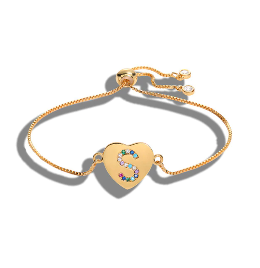 Heart Shaped Letter "S" Multi-Color Cubic Zirconia Yellow Gold Initial Bracelet