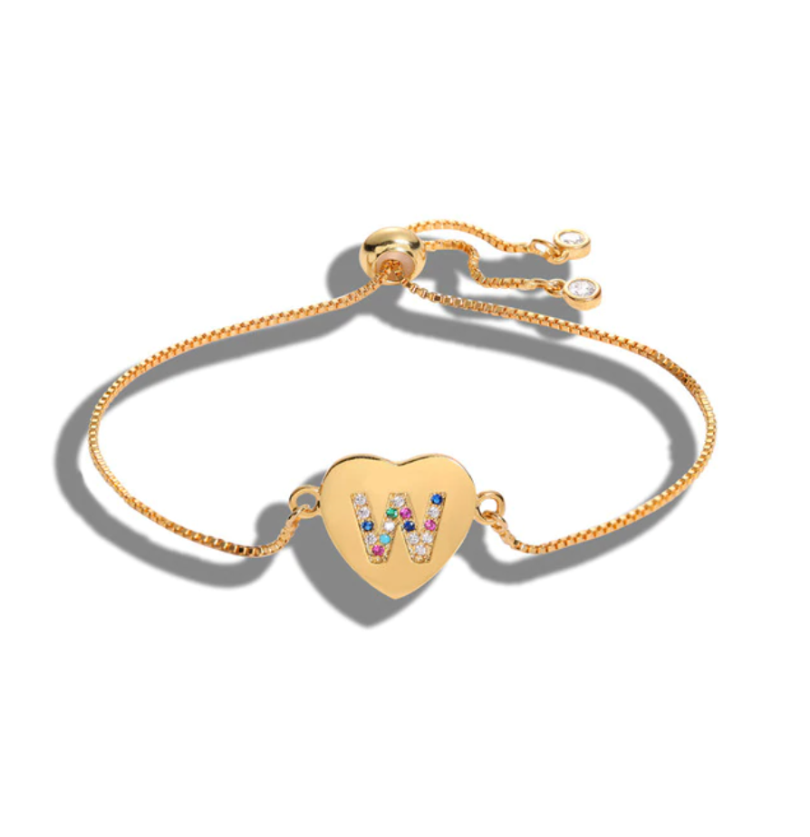 Heart Shaped Letter "W" Multi-Color Cubic Zirconia Yellow Gold Initial Bracelet
