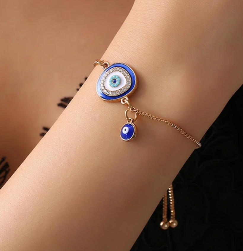 Evil Eye Protection Symbol Blue Enamel Adjustable Yellow Gold Bracelet