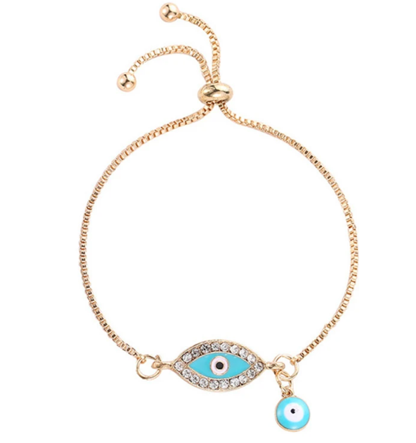 Evil Eye Protection Symbol Turquoise Enamel Adjustable Yellow Gold Bracelet