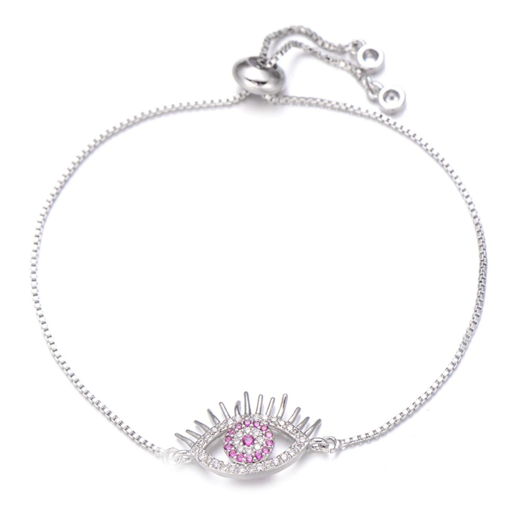Silver + Pink Pave Cubic Zirconia Halo Evil Eye Cute Lash Adjustable Bracelet