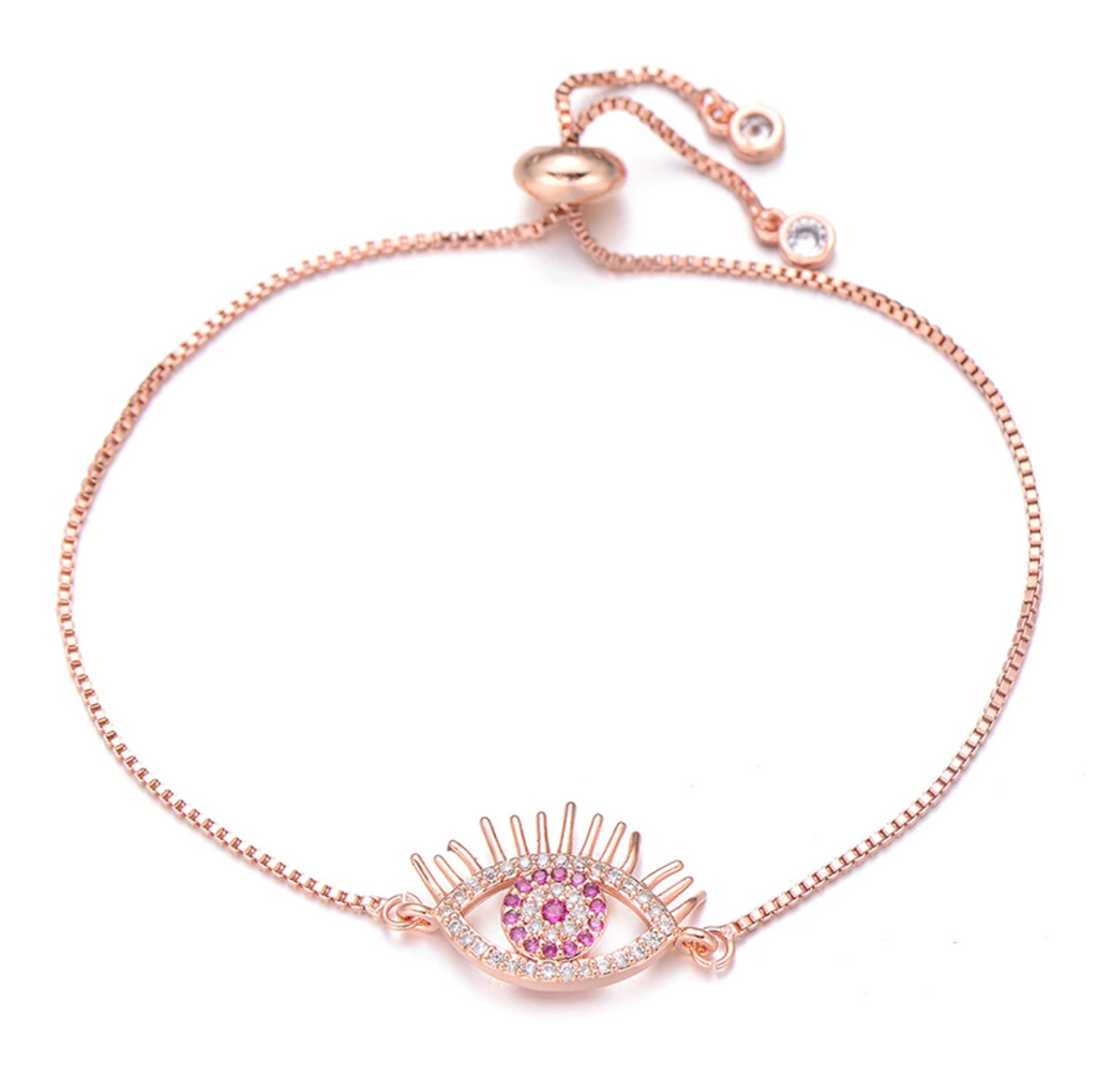 Rose Gold + Pink Pave Cubic Zirconia Halo Evil Eye Cute Lash Adjustable Bracelet