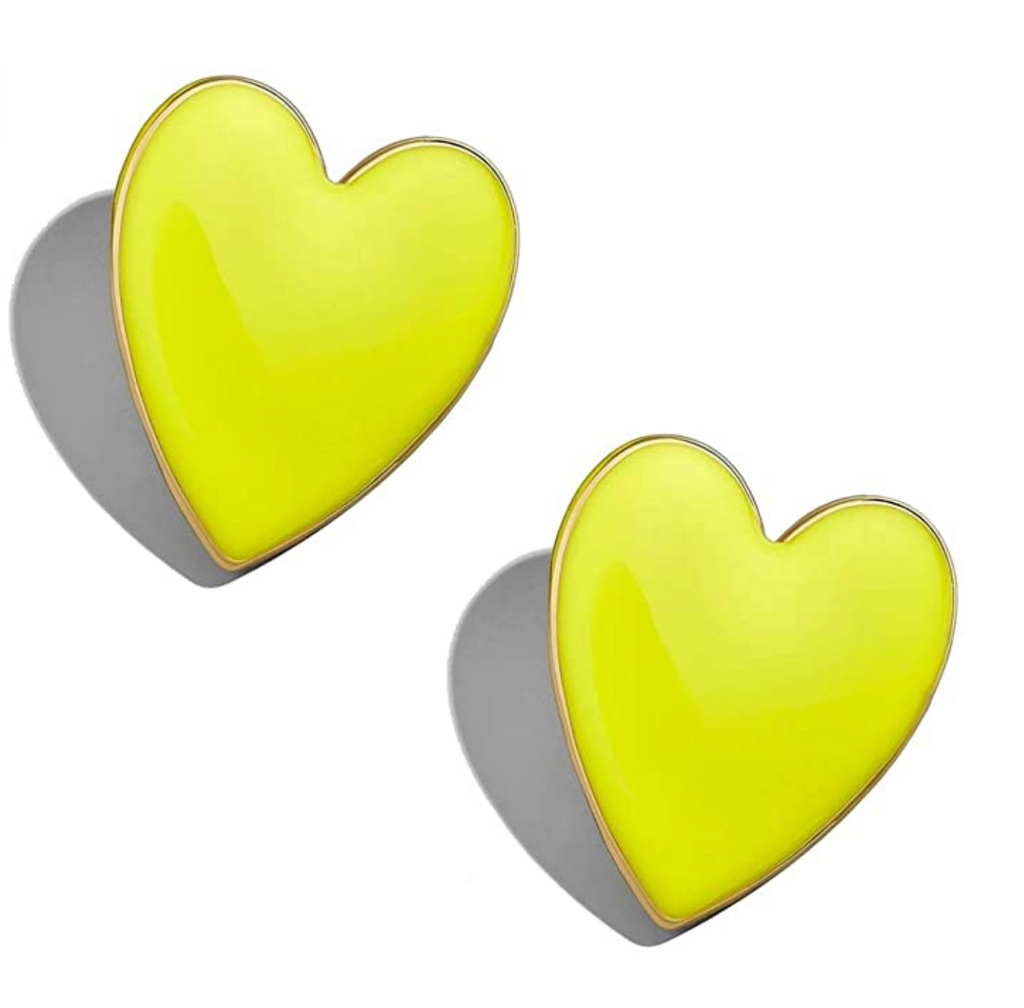 Gold Yellow Enamel Retro Style Large Heart Stud Earrings
