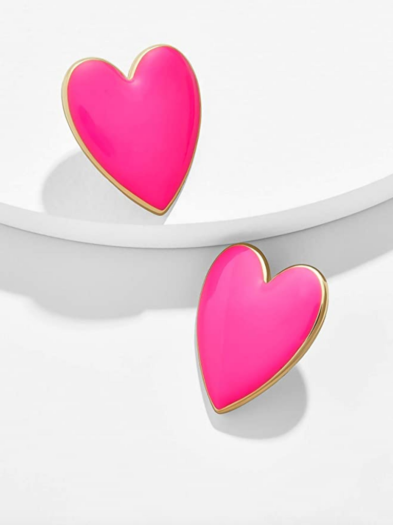 Gold Pink Enamel Retro Style Large Heart Stud Earrings