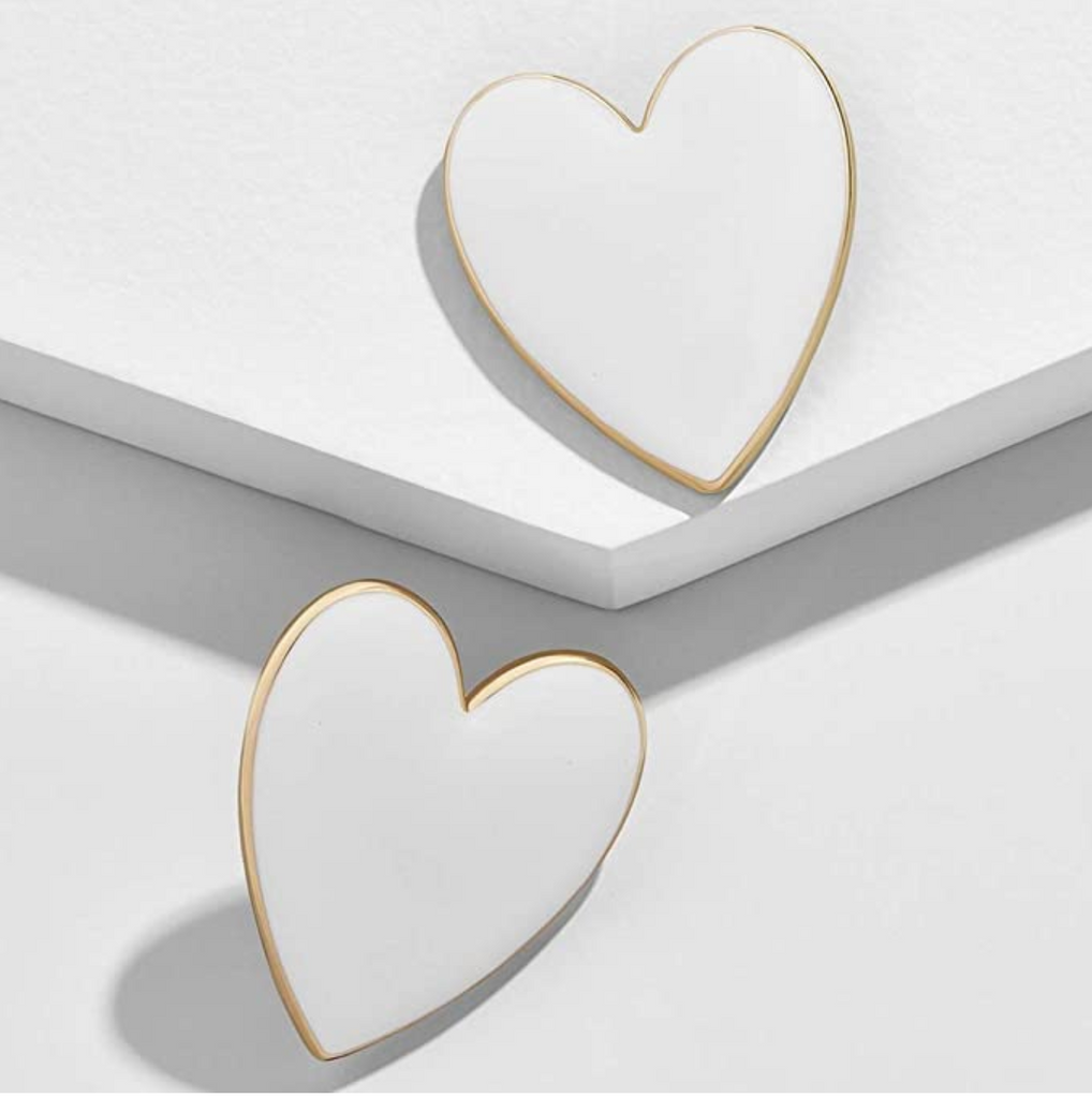 Gold White Enamel Retro Style Large Heart Stud Earrings
