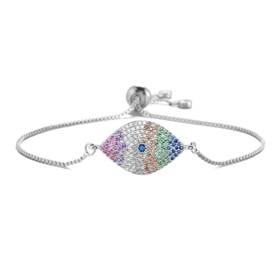 Silver Rainbow Cubic Zirconia Evil Eye Symbol Boho Women's Adjustable Bracelet