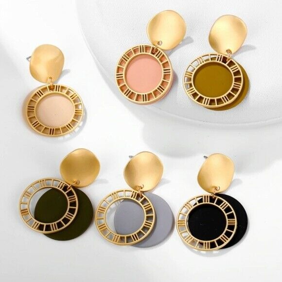 Gold Gray Round Numeral Numbers Retro Style Drop Disc Women's Earrings