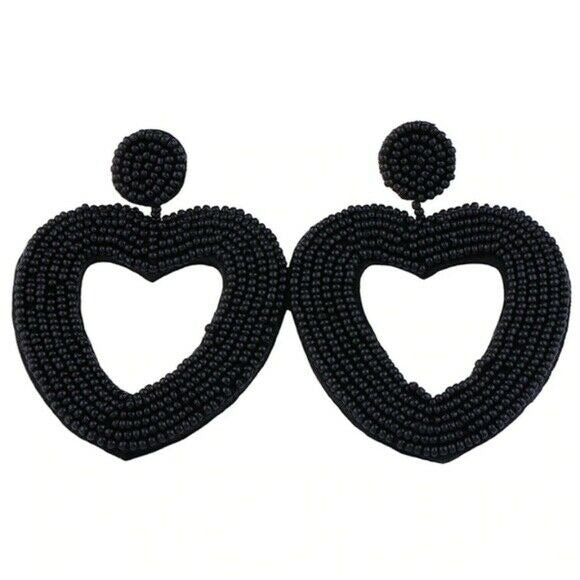 Large Heart Black Beaded Statement Dangle Women's Earrings Summer Trendy Chic