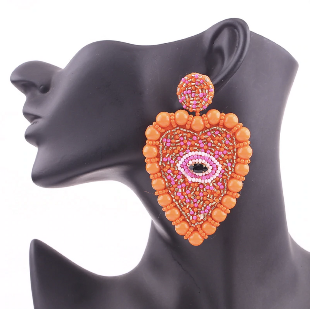 Large Heart Pink Orange Evil Eye Hamsa Beaded Dangle Boho Gypsy Women's Earrings