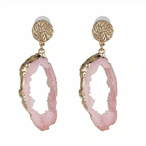 Yellow Gold Pink Druzy Raw Stone Oval Drop Women's Fashion Earrings Party Chic