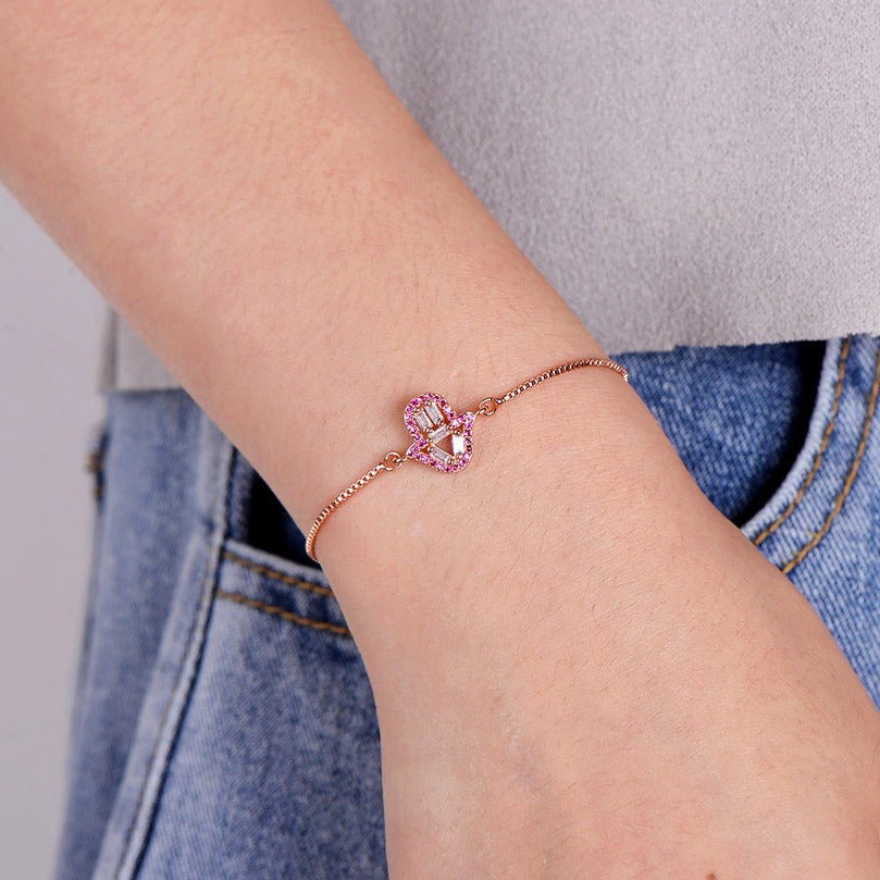 Small Rose Gold Pink Hamsa Hand Boho Cubic Zirconia Women's Adjustable Bracelet