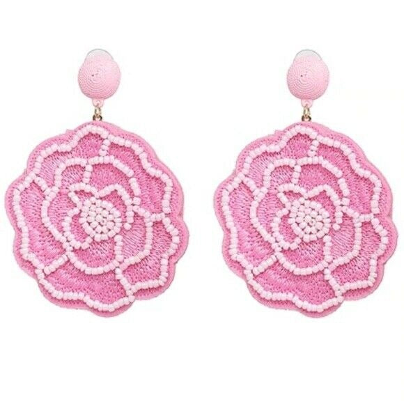 Light Pink Beaded Flower Large Statement Dangle Women's Fashion Earrings