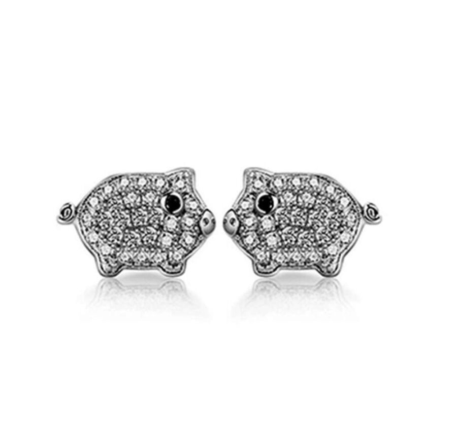 Sterling Silver Pave Cubic Zirconia Cute Pig Piggy Animal Women's Fashion Stud EarringsSterling Silver Pave Cubic Zirconia Cute Baby Pig Stud Earrings