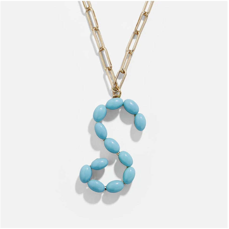 Blue Bead Paper Clip Chain Initial Letter "S" Name Necklace