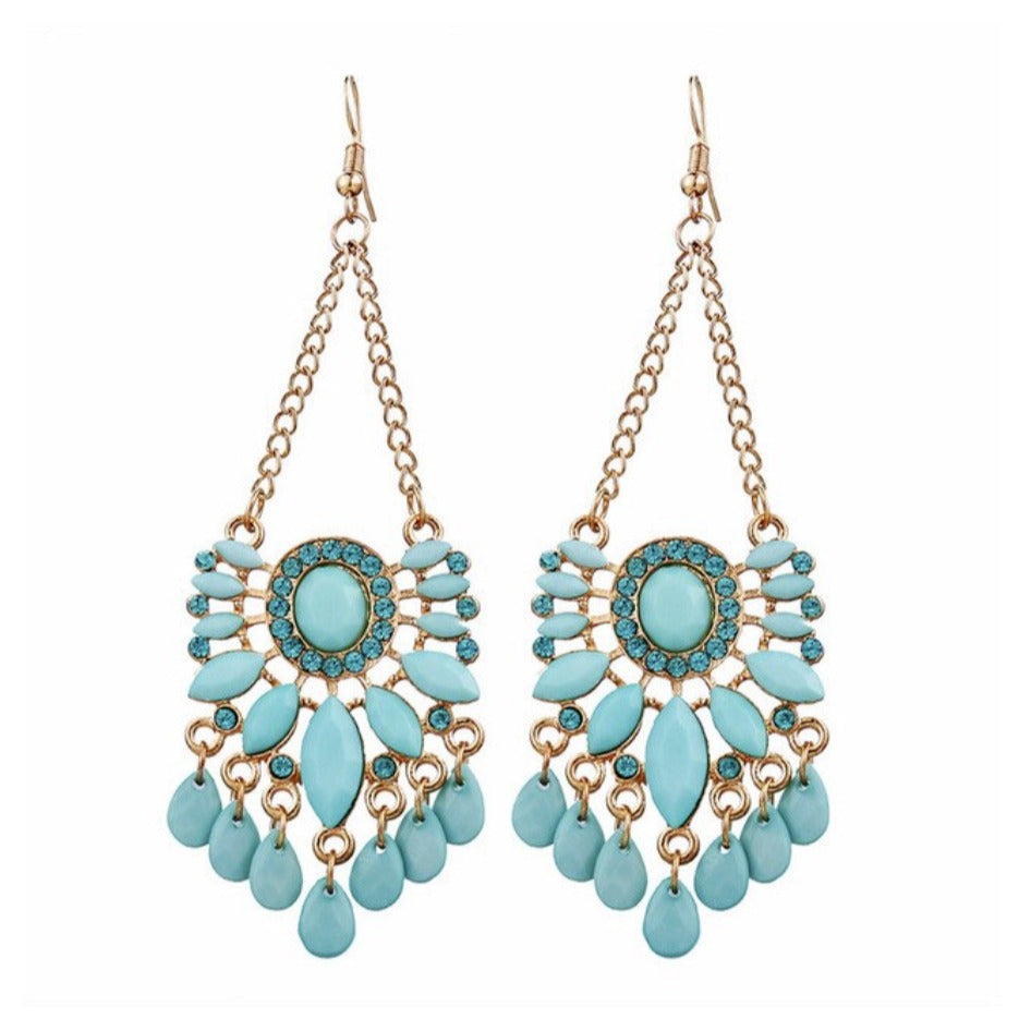 Gold Turquoise Rhinestone Statement Gypsy Women's Statement Dangle Earrings