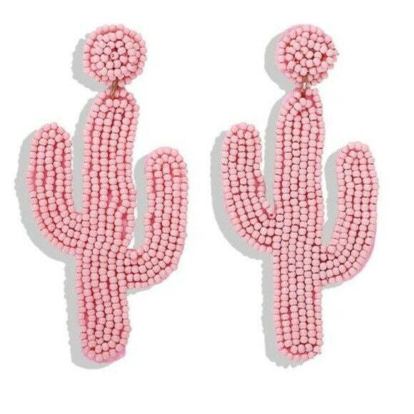 Pink Beaded Cactus Long Dangle Statement Women's Earrings Sand Desert Party Fun
