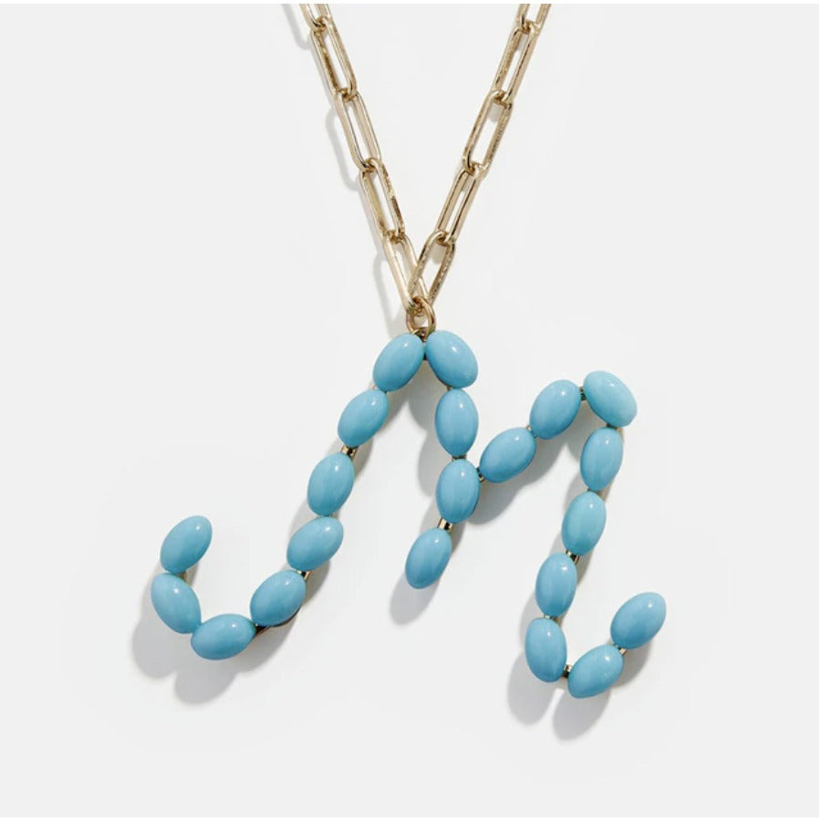Blue Bead Paper Clip Chain Initial Letter "M" Name Necklace