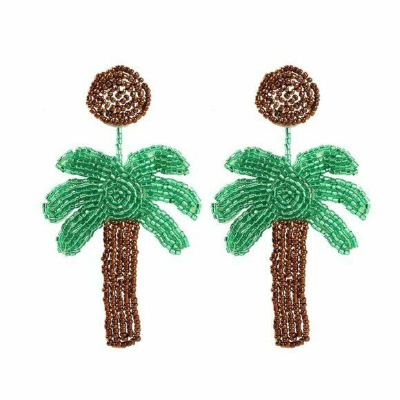 Green Brown Cute Beaded Palm Tree Long Drop Women's Earrings Fun Vacay Sea Beach