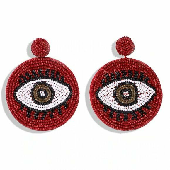 Black Brown Evil Eye Protection Symbol Boho Large Round Beaded Women's Earrings