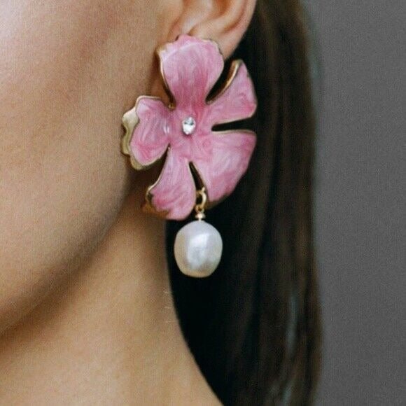 Women's Pink Crystal Flower Pearl Drop Enamel Earrings Nature Vacation Summer 