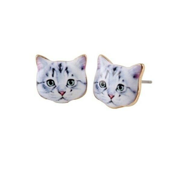 White Gray Kitten Cat Animal Stud Earrings