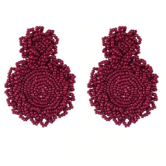 Dark Red Beaded Round Drop Flower Statement Women's Earrings Fashion