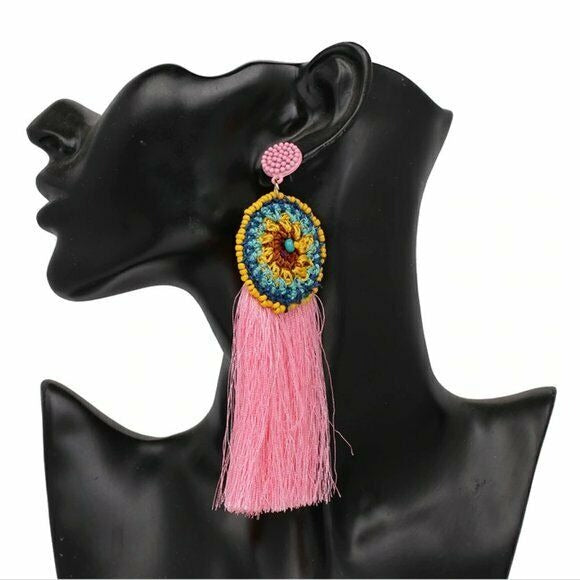 Yellow Pink Knitted Flower Round Long Tassel Boho Gypsy Women's Fashion Earrings