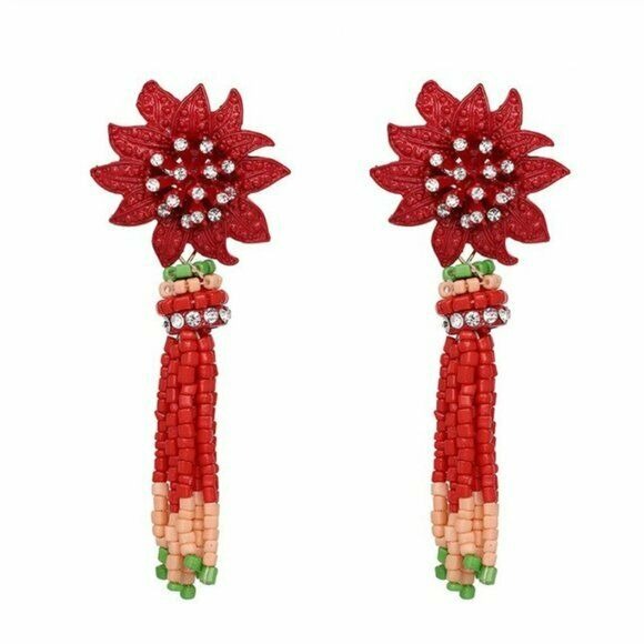 Large Red Green Crystal Long Beaded Boho Flower Floral Women's Fashion Earrings