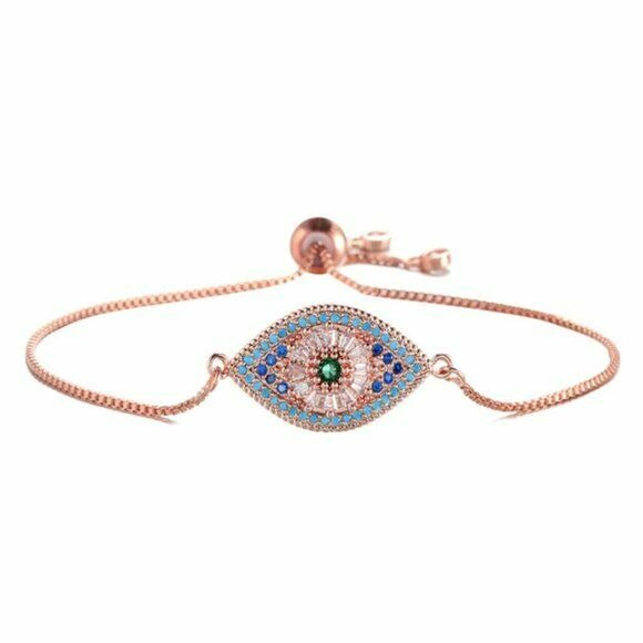 Rose Gold Evil Eye Multi Color Pave Cubic Zirconia Women's Adjustable Bracelet